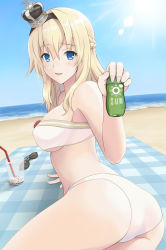 Rule 34 | 1girl, beach, bikini, blonde hair, blue eyes, blue sky, blush, braid, breasts, crown, day, french braid, hair between eyes, highres, kantai collection, kodama (user rnfr3534), large breasts, long hair, looking at viewer, lotion, lying, ocean, open mouth, outdoors, sky, solo, sun, sunglasses, sunlight, sunscreen, swimsuit, warspite (kancolle), white bikini