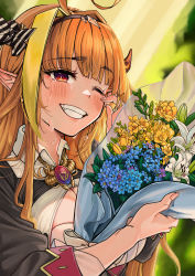 Rule 34 | 1girl, ;), absurdres, ahoge, black hairband, black jacket, blonde hair, blue flower, blurry, blurry background, blush, bouquet, bow, breasts, collared shirt, commentary request, crying, crying with eyes open, diagonal-striped bow, dragon girl, dragon horns, flower, grin, hair intakes, hairband, hands up, highres, holding, holding bouquet, hololive, horn bow, horn ornament, horns, huge filesize, jacket, jewelry, kiryu coco, kiryu coco (1st costume), large breasts, long hair, long sleeves, looking at viewer, mixed-language commentary, multicolored hair, necklace, one eye closed, orange hair, pointy ears, red eyes, shirt, smile, snarkhunt, solo, streaked hair, striped, striped bow, tears, upper body, virtual youtuber, white flower, white shirt, yellow flower