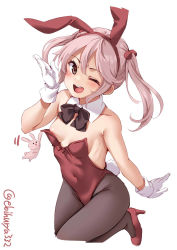 Rule 34 | 1girl, 1other, alternate costume, animal ears, areola slip, black pantyhose, blush, detached collar, ebifurya, fake animal ears, gloves, high heels, highres, kantai collection, leotard, one-hour drawing challenge, one eye closed, open mouth, pantyhose, pet, pink eyes, pink hair, playboy bunny, rabbit, rabbit ears, rabbit tail, red footwear, red leotard, sazanami (kancolle), short hair, simple background, smile, tail, twintails, twitter username, white background, white gloves