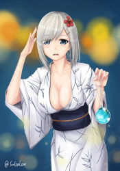 Rule 34 | 10s, 1girl, absurdres, artist name, blue eyes, blush, breasts, cleavage, collarbone, cowboy shot, eyes visible through hair, female focus, floral print, flower, hair flower, hair ornament, hair over one eye, hairclip, hamakaze (kancolle), hibiscus, highres, holding, japanese clothes, kantai collection, kimono, large breasts, looking at viewer, nail polish, open clothes, open kimono, open mouth, parted lips, pink nails, sash, short hair, silver hair, sogalan, solo, standing, wide sleeves