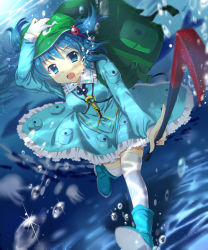 Rule 34 | 1girl, backpack, bad id, bad pixiv id, bag, blue eyes, blue hair, boots, bubble, cnm, crowbar, fang, fish, hair bobbles, hair ornament, hand on headwear, hat, holding, holding crowbar, jellyfish, kawashiro nitori, long sleeves, looking at viewer, matching hair/eyes, open mouth, shirt, skirt, skirt set, smile, solo, thighhighs, touhou, twintails, two side up, underwater, white thighhighs, zettai ryouiki