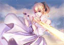 Rule 34 | 1girl, ahoge, artoria pendragon (fate), bare shoulders, blonde hair, blurry, bow, caliburn (fate), depth of field, dress, fate/unlimited codes, fate (series), gloves, glowing, glowing sword, glowing weapon, hair bow, haitang, ponytail, saber (fate), saber lily, solo, sword, weapon