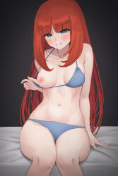 Rule 34 | 1girl, bare shoulders, blush, bra, bra pull, breasts, clothes pull, collarbone, genshin impact, grin, highres, long hair, looking at viewer, medium breasts, navel, nilou (genshin impact), nipples, panties, red hair, sitting, smile, solo, sp123, stomach, thighs, underwear