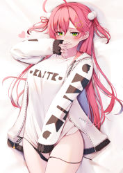 Rule 34 | 1girl, absurdres, ahoge, black panties, blush, covering own mouth, green eyes, hair ornament, hair ribbon, hand in panties, highres, hololive, jacket, long hair, long sleeves, nyan (reinyan 007), open clothes, open jacket, panties, panty pull, pink hair, pom pom (clothes), pom pom hair ornament, ribbon, sakura miko, shirt, sleeves past wrists, solo, two side up, underwear, very long hair, virtual youtuber, white jacket, white shirt