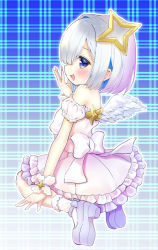 Rule 34 | 1girl, :d, amane kanata, angel, angel wings, asymmetrical hair, bare shoulders, blue hair, blush, bob cut, bow, dress bow, chocomarybadend, dress, dress bow, feathered wings, from behind, from side, gradient eyes, halo, hand to own mouth, hololive, looking at viewer, mini wings, multicolored eyes, off-shoulder dress, off shoulder, open mouth, pink dress, pink hair, purple eyes, seiza, short dress, short hair, silver hair, single hair intake, sitting, smile, socks, solo, star halo, virtual youtuber, white wings, wings, wrist cuffs