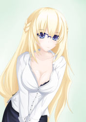 Rule 34 | 10s, 1girl, absurdres, alternate costume, blonde hair, breasts, cleavage, collared shirt, female focus, glasses, gradient background, highres, large breasts, long hair, mimelex, neptune (series), shirt, solo, vert (neptunia)