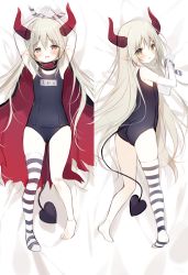 Rule 34 | 1girl, arms up, ass, bare shoulders, barefoot, bed sheet, black one-piece swimsuit, blush, brown eyes, cape, curled horns, dakimakura (medium), demon girl, demon horns, demon tail, elbow gloves, emma august, gloves, grey hair, hair between eyes, half-closed eyes, highres, horns, looking at viewer, lying, multiple views, nijisanji, old school swimsuit, on back, on side, one-piece swimsuit, open mouth, pointy ears, red cape, school swimsuit, shiratama (shiratamaco), single thighhigh, striped clothes, striped thighhighs, swimsuit, tail, thighhighs, torn cape, torn clothes, virtual youtuber, white gloves