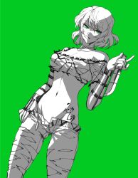 Rule 34 | 10s, 1girl, bad id, bad pixiv id, breasts, cleavage, cowboy shot, denim, earrings, green background, green eyes, green theme, groin, hikage (senran kagura), holding, holding weapon, iwamoto eiri, jeans, jewelry, knife, midriff, monochrome, navel, open clothes, open fly, open mouth, pants, ripped jeans, senran kagura, short hair, spot color, tattoo, tongue, tongue out, unzipped, weapon