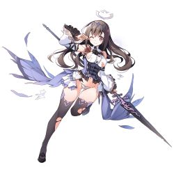 Rule 34 | 1girl, black footwear, brown eyes, brown hair, dennou tenshi djibril, detached sleeves, full body, hair ornament, high heels, holding, holding weapon, lance, long hair, looking at viewer, maebari, official art, polearm, solo, thighhighs, torn clothes, transparent background, weapon, wince