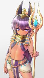 Rule 34 | &gt;:(, 1girl, animal ears, anubis (mythology), breasts, closed mouth, dark-skinned female, dark skin, dot mouth, earrings, egyptian clothes, egyptian mythology, foreshortening, gold, gradient background, grey background, hair ornament, haru-t, highres, holding, holding staff, jackal ears, jackal girl, jewelry, long hair, nemes, original, purple eyes, purple hair, small breasts, snake hair ornament, staff, usekh collar, v-shaped eyebrows, very long hair