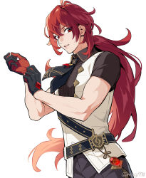 Rule 34 | 1boy, adjusting clothes, adjusting gloves, ascot, black ascot, black shirt, diluc (genshin impact), genshin impact, gloves, hair between eyes, long hair, looking at viewer, male focus, meiji (meiji770), pants, parted lips, ponytail, red eyes, red hair, shirt, short sleeves, simple background, solo, twitter username, very long hair, vest, vision (genshin impact), white background, white vest