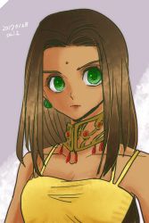 Rule 34 | 1girl, arc the lad, arc the lad ii, bare shoulders, breasts, brown hair, choker, cleavage, commentary request, dark skin, dark-skinned female, dress, facepaint, facial mark, green eyes, highres, long hair, looking at viewer, medium breasts, sania (arc the lad), solo, upper body, yadoso