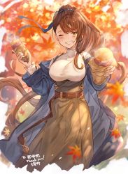 Rule 34 | 1girl, absurdres, asymmetrical bangs, autumn leaves, ayacho, beatrix (granblue fantasy), belt, blouse, blue coat, blurry, blurry background, blush, breasts, brown hair, coat, commentary request, commission, dress, english text, food, food on face, granblue fantasy, green dress, green eyes, highres, holding, holding food, incoming food, large breasts, leaf, long hair, long sleeves, maple leaf, off shoulder, one eye closed, open mouth, pinafore dress, ponytail, reaching, reaching towards viewer, shirt, skeb commission, sleeveless, sleeveless dress, smile, solo, sweet potato, taut clothes, taut shirt, teeth, thank you, turtleneck, very long hair, white shirt