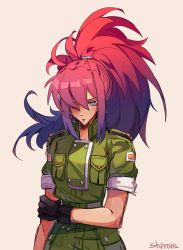 Rule 34 | 1girl, black gloves, blue eyes, gloves, green jacket, highres, holding own arm, jacket, leona heidern, military, military uniform, multicolored hair, non-web source, one eye covered, orochi leona, ponytail, shpr0ta, simple background, solo, the king of fighters, the king of fighters xv, uniform, white background