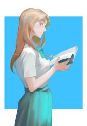 Rule 34 | 1girl, absurdres, aqua bow, aqua bowtie, aqua skirt, blonde hair, bn3ppo, book, bow, bowtie, breasts, closed mouth, colored inner hair, commentary, from side, green eyes, haiba arisa, haikyuu!!, highres, holding, holding book, long hair, long skirt, looking at viewer, multicolored hair, profile, shirt, short sleeves, skirt, smile, solo, white shirt