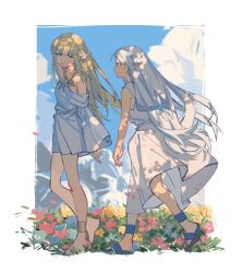 Rule 34 | 2girls, absurdres, anklet, bare arms, bare shoulders, barefoot, blonde hair, blue eyes, blue sky, closed mouth, dappled sunlight, day, dress, elf, field, flip-flops, floating clothes, floating hair, flower, flower field, frieren, from side, full body, hair over shoulder, hashtag-only commentary, highres, jewelry, kurattes, long hair, long sleeves, looking at another, looking at viewer, looking to the side, multiple girls, nature, off shoulder, outside border, parted lips, pointy ears, profile, purple eyes, red flower, sandals, serie (sousou no frieren), short dress, sky, sleeveless, sleeveless dress, smile, sousou no frieren, sunlight, very long hair, walking, white dress, white hair, wide sleeves, wind, yellow flower