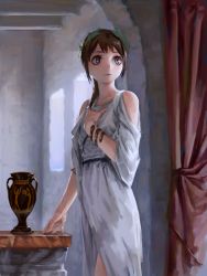 Rule 34 | 1girl, absurdres, ancient greek clothes, bare shoulders, blue eyes, bracelet, brown hair, chiton, closed mouth, curtains, day, greco-roman clothes, hand on own chest, hand on table, highres, indoors, jewelry, laurel crown, long hair, original, ponytail, roman clothes, solo, standing, toga, treeware, vase