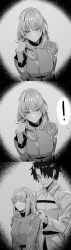 Rule 34 | 1boy, 1girl, absurdres, belt, breasts, chaldea uniform, closed eyes, comic, fate/grand order, fate (series), florence nightingale (fate), fujimaru ritsuka (male), greyscale, hair focus, highres, hxd, jacket, large breasts, long hair, long sleeves, military jacket, monochrome, short hair, silent comic, smile, tying hair