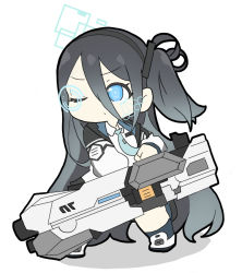 Rule 34 | 1girl, aris (blue archive), black hair, black hairband, black socks, blue archive, blue eyes, blue necktie, chibi, closed mouth, collared shirt, commentary request, full body, hair between eyes, hairband, halo, holding, holding weapon, holographic interface, jacket, long hair, long sleeves, looking away, necktie, nyaru (nyaru 4126), one eye closed, one side up, open clothes, open jacket, parted bangs, puffy long sleeves, puffy sleeves, railgun, shadow, shirt, shoes, simple background, socks, solo, standing, very long hair, weapon, white background, white footwear, white jacket, white shirt