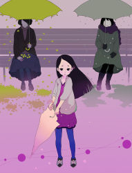 Rule 34 | 3girls, bench, black hair, blue pantyhose, child, ichikawa, leaf, long hair, multiple girls, pantyhose, snow, surreal, umbrella