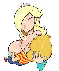 Rule 34 | 1boy, 1girl, blonde hair, blush, breastfeeding, breasts, crossover, crown, closed eyes, highres, huge breasts, lips, lucas (mother 3), mario (series), mother (game), mother 3, nintendo, rosalina, simple background, super mario bros. 1, super mario galaxy, thick lips