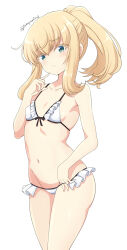Rule 34 | 1girl, alice gear aegis, bare arms, bare shoulders, bikini, blonde hair, blush, breasts, character request, check character, closed mouth, collarbone, colored eyelashes, commentary request, frilled bikini, frills, green eyes, groin, hand up, highres, looking at viewer, navel, noelle francesca, ponytail, simple background, small breasts, solo, swimsuit, tamayan, twitter username, white background, white bikini