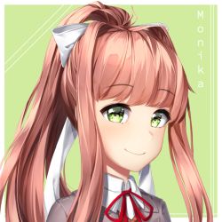 Rule 34 | 1girl, brown hair, character name, commentary, doki doki literature club, english commentary, green background, green eyes, hair ribbon, heart, heart in eye, long hair, looking at viewer, monika (doki doki literature club), ponytail, portrait, ribbon, sasoura, signature, simple background, smile, solo, symbol in eye, white ribbon
