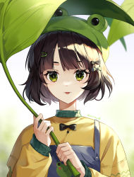 Rule 34 | 1girl, :p, absurdres, aniroud, blue eyes, bow, brown hair, copyright request, frog hat, green eyes, green headwear, hair bow, hair ornament, hairclip, highres, holding, holding leaf, leaf, long sleeves, looking at viewer, shirt, short hair, solo, tongue, tongue out, upper body, yellow shirt