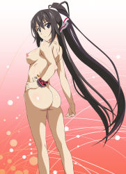 Rule 34 | 1girl, ass, blush, breasts, brown hair, closed mouth, feet out of frame, from behind, gluteal fold, hair between eyes, hand on own hip, infinite stratos, legs apart, long hair, looking at viewer, looking back, medium breasts, nipples, nude, nude filter, ponytail, shinonono houki, shiny skin, solo, standing, third-party edit, very long hair