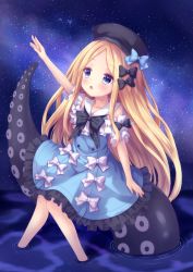 Rule 34 | 1girl, :o, abigail williams (animejapan 2018) (fate), abigail williams (fate), absurdres, arm up, beret, black bow, black hat, blonde hair, blue bow, blue dress, blue eyes, blush, bow, collarbone, collared dress, commentary request, dress, fate/grand order, fate (series), forehead, frilled dress, frills, hair bow, hakuto momiji, hat, highres, long hair, night, night sky, official alternate costume, outstretched arm, parted bangs, parted lips, sitting, sky, sleeveless, sleeveless dress, soaking feet, solo, star (sky), starry sky, suction cups, symbol-shaped pupils, tentacles, very long hair, water, white bow