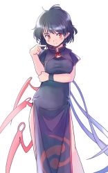 Rule 34 | 1girl, alternate costume, asymmetrical wings, black capelet, black dress, black hair, blush, breasts, capelet, china dress, chinese clothes, contrapposto, dress, hand up, head tilt, houjuu nue, light smile, looking at viewer, medium breasts, medium hair, pointy ears, rangycrow, red eyes, side slit, simple background, solo, standing, touhou, white background, wings, wrist cuffs