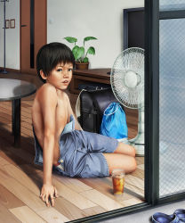 Rule 34 | 1boy, bag, bare shoulders, black hair, briefs, child, clothes, clothes down, cup, door, drinking glass, floor, hand fan, highres, indoors, male focus, male nipples, male underwear, male underwear peek, navel, nipples, on floor, open clothes, open overalls, original, overall shorts, overalls, overalls pull, plant, realistic, school bag, short hair, shorts, sitting, solo, sports bag, summer, sweat, table, to1989, topless male, unbottoned, underpants, underwear, underwear peek, undressing