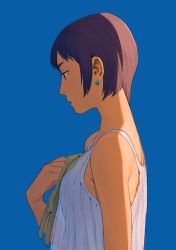 Rule 34 | 1girl, absurdres, blue background, brown hair, dress, earrings, from side, hekoko, highres, jewelry, original, profile, see-through silhouette, short hair, simple background, sleeveless, sleeveless dress, solo, upper body, white dress