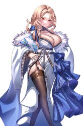 Rule 34 | 1girl, bare shoulders, black gloves, black thighhighs, blonde hair, blue ribbon, breasts, cleavage, coat, collarbone, feet out of frame, fur-trimmed coat, fur-trimmed kimono, fur trim, gloves, goddess of victory: nikke, hair ribbon, hand on own hip, highres, japanese clothes, kimono, large breasts, long hair, ludmilla (nikke), ludmilla (winter owner) (nikke), official alternate costume, orange eyes, parted bangs, ribbon, simple background, skindentation, solo, thighhighs, two-tone kimono, type09 sachi, white background, white kimono