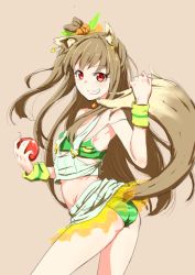 Rule 34 | 1girl, animal ears, apple, ass, bikini, blush, breasts, brown hair, clearite, cosplay, flat ass, food, fruit, green bikini, grin, holo, long hair, looking at viewer, love live!, love live! school idol project, minami kotori, minami kotori (cosplay), natsuiro egao de 1 2 jump!, red eyes, sketch, small breasts, smile, solo, spice and wolf, swimsuit, tail, wolf ears, wolf tail