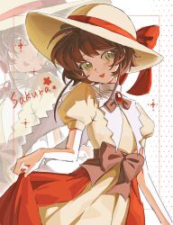 1girl :d bow brown_bow brown_hair cardcaptor_sakura character_name dress dress_bow green_eyes hat hat_bow highres kinomoto_sakura looking_at_viewer luanbu open_mouth puffy_short_sleeves puffy_sleeves red_bow red_brooch short_hair short_sleeves skirt_hold smile solo upper_body white_background yellow_dress yellow_hat zoom_layer