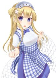 Rule 34 | 1girl, alternate costume, apron, blonde hair, blue bow, blue bowtie, blue eyes, bow, bowtie, breasts, cargo net, commentary request, double bun, fletcher (kancolle), fletcher mk ii (kancolle), gingham, gingham apron, hair bun, hair ornament, highres, kantai collection, kobeya, kobeya uniform, large breasts, long hair, looking at viewer, minakami mimimi, plaid, plaid apron, shirt, short sleeves, simple background, smile, solo, star (symbol), star hair ornament, white background, white shirt