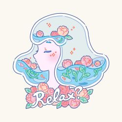 Rule 34 | 1girl, closed eyes, commentary, cursive, english commentary, english text, flower, highres, hiro046k, leaf, long hair, original, pink flower, pink rose, portrait, red flower, red rose, rose, simple background, solo, sparkle, surreal, water