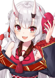 Rule 34 | blush, commentary request, fang, hair between eyes, hololive, horns, japanese clothes, long hair, long sleeves, looking at viewer, mask, nakiri ayame, nakiri ayame (1st costume), oni mask, open mouth, pensuke, portrait, red eyes, silver hair, simple background, skin-covered horns, solo, virtual youtuber, white background