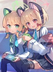 Rule 34 | 2girls, animal ear headphones, black skirt, black thighhighs, blonde hair, blue archive, blue bow, bow, cat ear headphones, fake animal ears, green eyes, haemori ako, hair bow, handheld game console, headphones, highres, holding, holding handheld game console, jacket, long sleeves, midori (blue archive), momoi (blue archive), multiple girls, nintendo switch, open mouth, red bow, red eyes, shirt, short hair, siblings, sisters, sitting, skirt, smile, thighhighs, white jacket, white shirt, zettai ryouiki