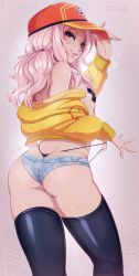 Rule 34 | 1girl, 2019, artist name, ass, bad id, bad pixiv id, belle delphine (character), black thighhighs, body freckles, breasts, cidney aurum (cosplay), cosplay, denim, denim shorts, dimples of venus, final fantasy, final fantasy xv, freckles, hat, heart, highres, jacket, long hair, looking back, merunyaa, micro shorts, open clothes, open jacket, pasties, pink hair, real life, shorts, signature, small breasts, smile, solo, thighhighs, thong, wedgie, whale tail (clothing)