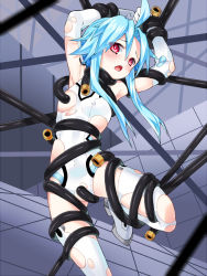 Rule 34 | 1girl, armpits, arms behind head, arms up, bare shoulders, blue hair, blush, boots, breasts, cable, clenched hands, commentary request, covered erect nipples, covered navel, elbow gloves, ginklaga, gloves, hair between eyes, knee up, leotard, looking at viewer, neptune (series), open mouth, power symbol, power symbol-shaped pupils, red eyes, restrained, short hair with long locks, skin tight, small breasts, solo, symbol-shaped pupils, teeth, tentacles, thigh boots, thighhighs, torn boots, torn clothes, torn gloves, torn leotard, torn thighhighs, upper teeth only, white gloves, white heart (neptunia), white leotard, white thighhighs