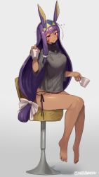 Rule 34 | 1girl, animal ears, artist name, bar stool, bare legs, bare shoulders, barefoot, black panties, blush, bow, breasts, character print, cup, dark-skinned female, dark skin, facial mark, fake animal ears, fate/grand order, fate (series), foot dangle, full body, grey background, grey sweater, hair bow, hairband, head tilt, highres, holding, holding cup, jewelry, katsudansou, long hair, long sleeves, looking at viewer, low-tied long hair, medium breasts, medjed (fate), necklace, nitocris (fate), no pants, panties, parted lips, pendant, purple eyes, purple hair, rabbit ears, ribbed sweater, scrunchie, side-tie panties, sidelocks, signature, simple background, sitting, solo, stool, string panties, sweater, teacup, tipsy, turtleneck, turtleneck sweater, twitter username, underwear, very long hair