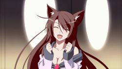 Rule 34 | 1girl, ^ ^, animal ears, animated, animated gif, bakemonogatari, bare shoulders, breasts, brooch, brown hair, cleavage, closed eyes, collarbone, dress, evandragon, eyebrows, closed eyes, fangs, hands up, happy, head tilt, imaizumi kagerou, jewelry, layered dress, long hair, long sleeves, looking at viewer, monogatari (series), nekomonogatari, off shoulder, open mouth, parody, pout, solo, swaying, talking, touhou, upper body, white background, wolf ears