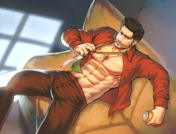 Rule 34 | 1boy, abs, absurdres, bara, bare pectorals, beard, brown pants, bulge, chest hair, couch, dobito mn, facial hair, feet out of frame, from above, highres, large pectorals, looking at viewer, loose necktie, male focus, mature male, multicolored hair, muscular, muscular male, navel, navel hair, necktie, necktie grab, neckwear grab, no nipples, old, old man, on couch, open clothes, open shirt, original, pants, pectorals, red shirt, shadow, shirt, short hair, solo, stomach, two-tone hair, undressing, wrinkled skin