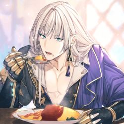 Rule 34 | 1boy, asymmetrical clothes, bishounen, blonde hair, blue eyes, cassius (granblue fantasy), collarbone, earrings, food, food on face, gloves, granblue fantasy, highres, jewelry, ketchup, male focus, matsuki tou, omelet, omurice, pectorals, plate, rice, rice on face, solo, spoon, tassel, tassel earrings