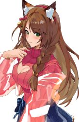 Rule 34 | 1girl, :3, animal ear fluff, animal ears, bell, blue skirt, blush, braid, breasts, brown hair, cleavage, cleavage cutout, closed mouth, clothing cutout, commentary, hair bell, hair ornament, hairband, hand up, heart cutout, highres, jacket, jingle bell, kamu (kamuuei), large breasts, long hair, long sleeves, medium breasts, off shoulder, open clothes, open jacket, original, pink sweater, red hairband, ribbed sweater, see-through, simple background, single braid, skirt, solo, sweater, turtleneck, turtleneck sweater, upper body, very long hair, white background
