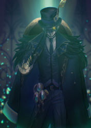 Rule 34 | 1boy, absurdres, belt, bird mask, black coat, black gloves, black hat, blurry, blurry background, claw ring, coat, cowboy shot, dark, dire crowley, fireflies, gem, gloves, glowing, glowing eyes, hat, hat ornament, highres, holding, holding wand, jacket, jacket on shoulders, long sleeves, looking at viewer, male focus, mask, necktie, one eye covered, open clothes, open coat, pants, shirt, solo, standing, tokyo land, top hat, twisted wonderland, vest, wand, white shirt, wing collar