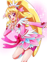 Rule 34 | 1girl, :d, absurdres, aida mana, arm warmers, bad id, bad pixiv id, bike shorts, blonde hair, blush, boots, bow, brooch, choker, cure heart, curly hair, dokidoki! precure, hair ornament, half updo, heart, heart brooch, heart hair ornament, highres, jewelry, knee boots, long hair, magical girl, open mouth, pink bow, pink eyes, pink skirt, ponytail, precure, sharumon, shorts, shorts under skirt, skirt, smile, solo, sparkle, standing, standing on one leg, waist bow