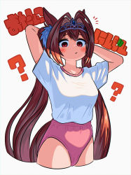 Rule 34 | 1girl, :/, ?, absurdres, animal ears, appleq, arms up, bloomers, blush, breasts, brown hair, collarbone, commentary request, cowboy shot, cropped torso, daiwa scarlet (umamusume), gym shirt, gym uniform, hair intakes, highres, horse ears, horse girl, horse tail, long hair, looking at viewer, medium breasts, pink bloomers, red eyes, shirt, short sleeves, simple background, solo, tail, tiara, translation request, twintails, umamusume, very long hair, white background, white shirt